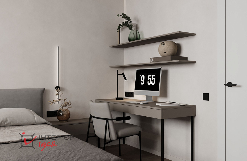 Минималистичная спальня с рабочим местом в ЖК «Парковый квартал»