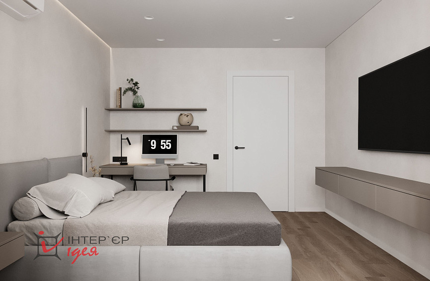 Минималистичная спальня с рабочим местом в ЖК «Парковый квартал»
