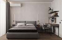 Минималистичная спальня с рабочим местом в ЖК «Парковый квартал». Дизайн СПАЛЬНИ