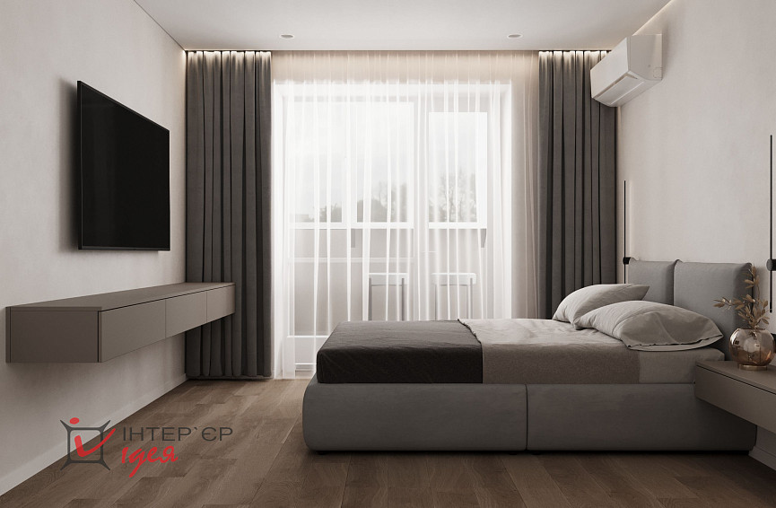 Минималистичная спальня с рабочим местом в ЖК «Парковый квартал»