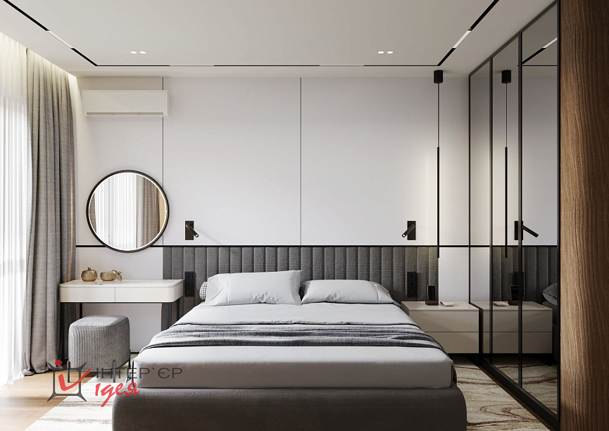 Современный минимализм в спальне 14 м2 с террасой