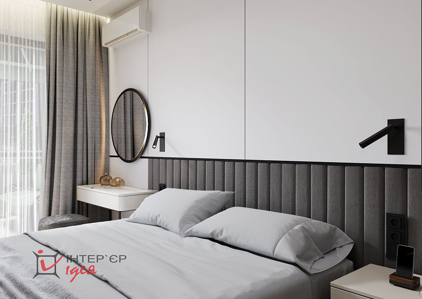 Современный минимализм в спальне 14 м2 с террасой