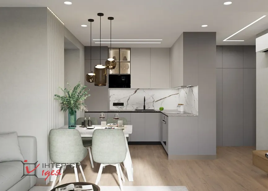 Кухня-гостиная с фисташковым акцентом