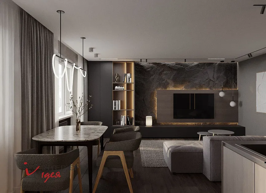 Кухня-студия в тёмных цветах