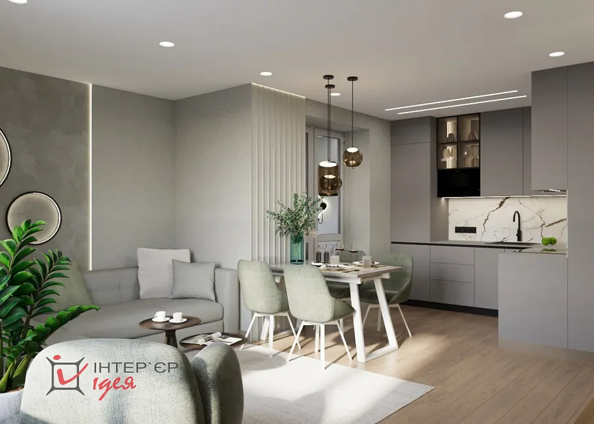 Кухня-гостиная с фисташковым акцентом