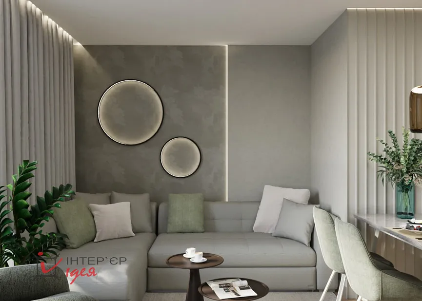 Кухня-гостиная с фисташковым акцентом