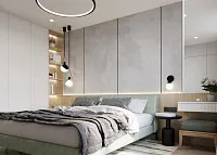 Современный контемпорари стиль в спальне 15 м2. Дизайн СПАЛЬНИ