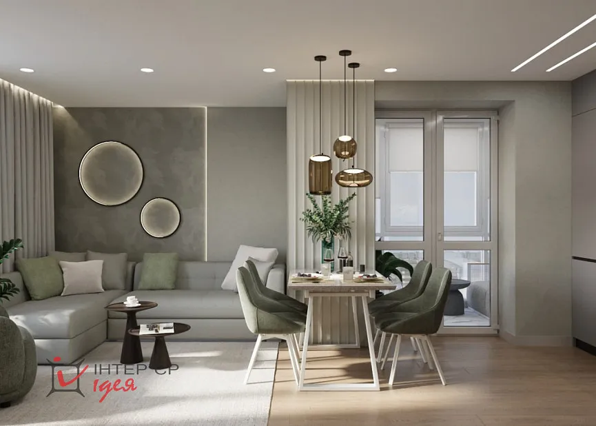 Кухня-гостиная с фисташковым акцентом