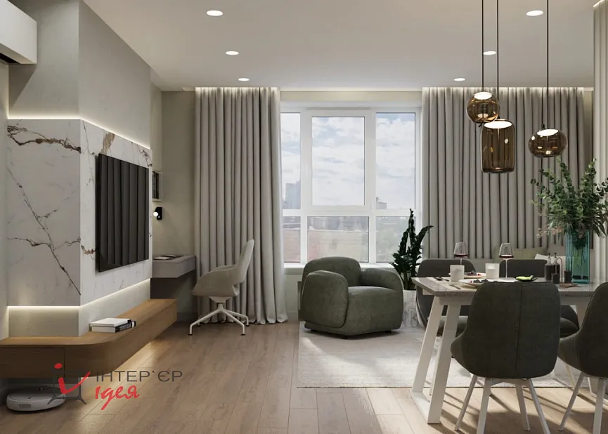 Кухня-гостиная с фисташковым акцентом